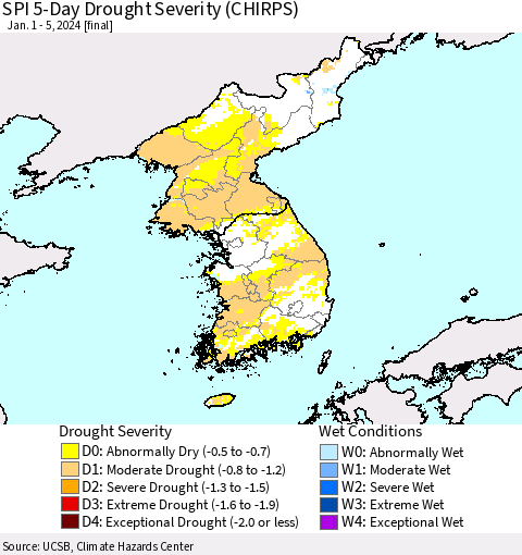 Korea SPI 5-Day Drought Severity (CHIRPS) Thematic Map For 1/1/2024 - 1/5/2024
