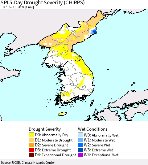 Korea SPI 5-Day Drought Severity (CHIRPS) Thematic Map For 1/6/2024 - 1/10/2024