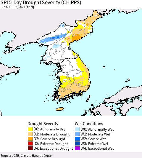 Korea SPI 5-Day Drought Severity (CHIRPS) Thematic Map For 1/11/2024 - 1/15/2024