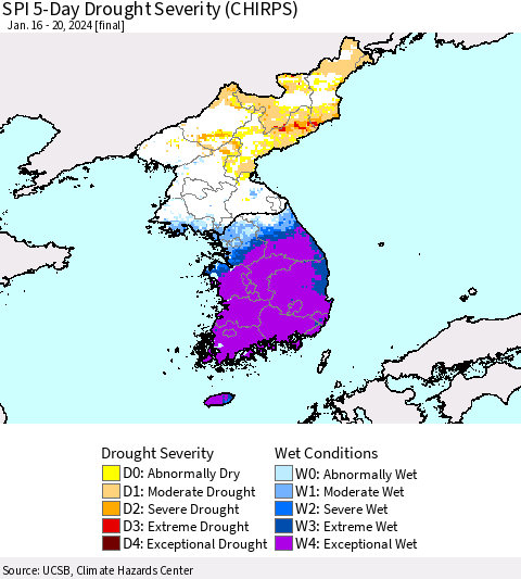 Korea SPI 5-Day Drought Severity (CHIRPS) Thematic Map For 1/16/2024 - 1/20/2024