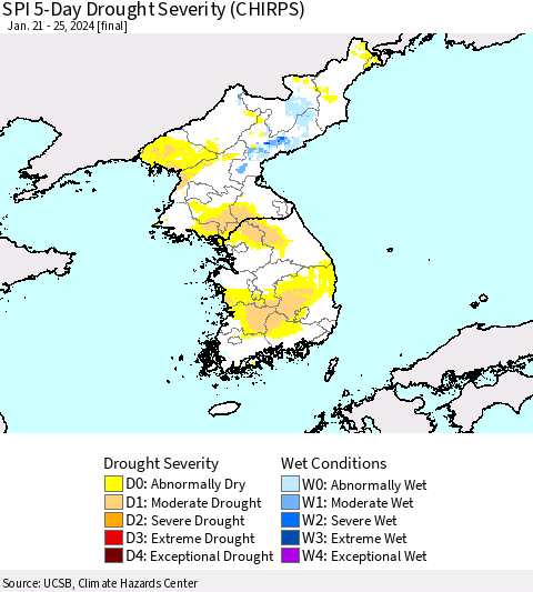 Korea SPI 5-Day Drought Severity (CHIRPS) Thematic Map For 1/21/2024 - 1/25/2024