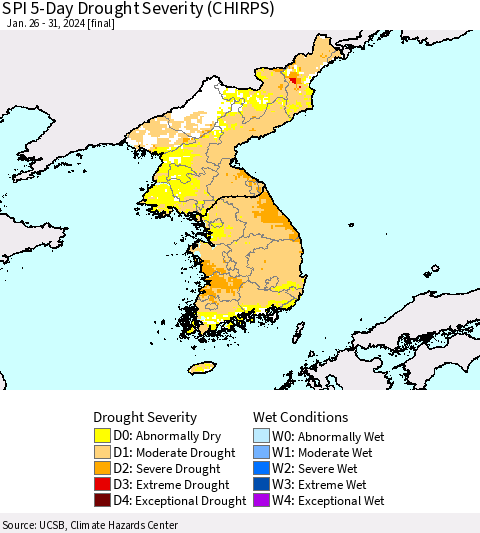 Korea SPI 5-Day Drought Severity (CHIRPS) Thematic Map For 1/26/2024 - 1/31/2024