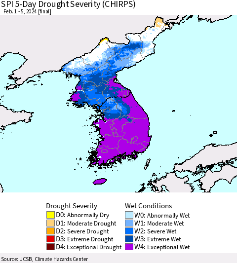 Korea SPI 5-Day Drought Severity (CHIRPS) Thematic Map For 2/1/2024 - 2/5/2024