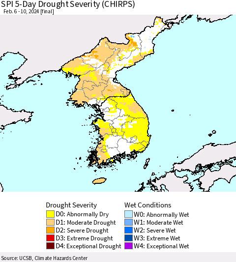 Korea SPI 5-Day Drought Severity (CHIRPS) Thematic Map For 2/6/2024 - 2/10/2024