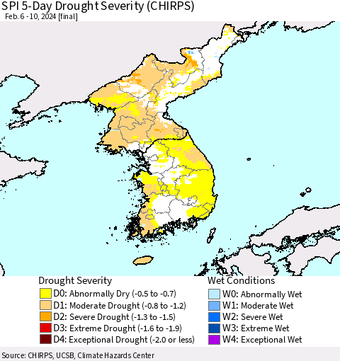 Korea SPI 5-Day Drought Severity (CHIRPS) Thematic Map For 2/6/2024 - 2/10/2024