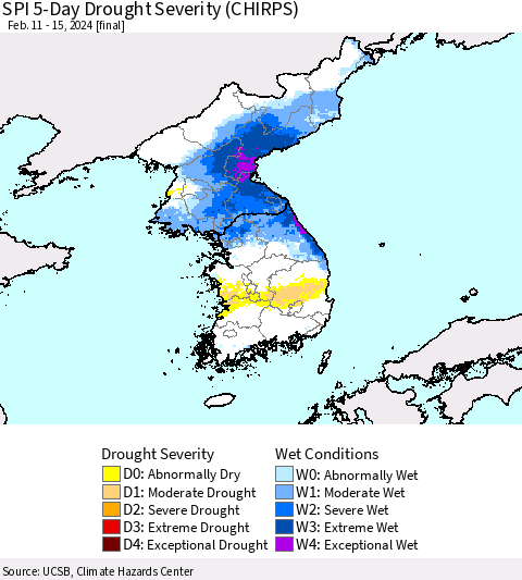 Korea SPI 5-Day Drought Severity (CHIRPS) Thematic Map For 2/11/2024 - 2/15/2024