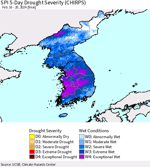 Korea SPI 5-Day Drought Severity (CHIRPS) Thematic Map For 2/16/2024 - 2/20/2024