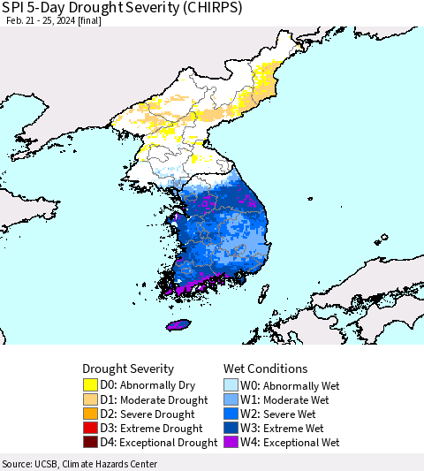 Korea SPI 5-Day Drought Severity (CHIRPS) Thematic Map For 2/21/2024 - 2/25/2024