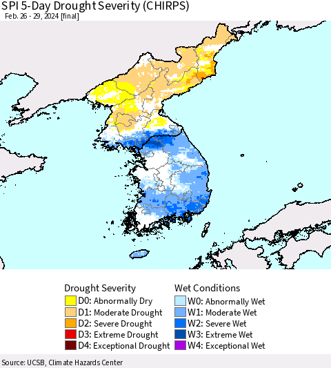 Korea SPI 5-Day Drought Severity (CHIRPS) Thematic Map For 2/26/2024 - 2/29/2024