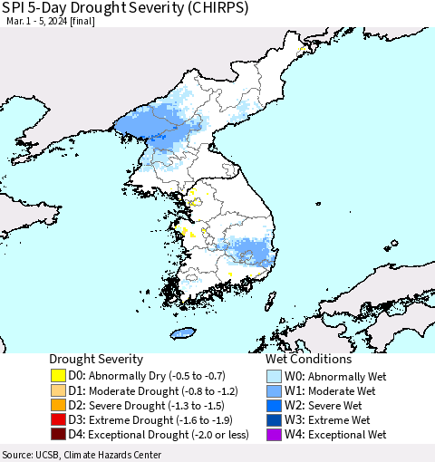 Korea SPI 5-Day Drought Severity (CHIRPS) Thematic Map For 3/1/2024 - 3/5/2024