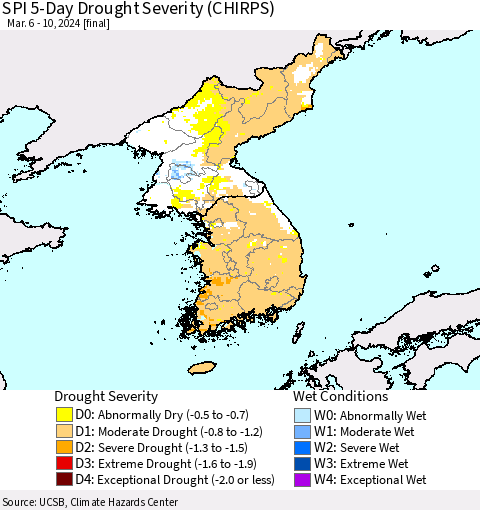 Korea SPI 5-Day Drought Severity (CHIRPS) Thematic Map For 3/6/2024 - 3/10/2024