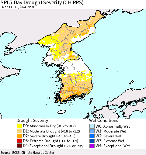 Korea SPI 5-Day Drought Severity (CHIRPS) Thematic Map For 3/11/2024 - 3/15/2024