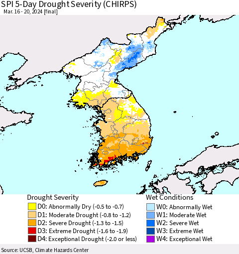 Korea SPI 5-Day Drought Severity (CHIRPS) Thematic Map For 3/16/2024 - 3/20/2024