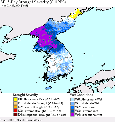 Korea SPI 5-Day Drought Severity (CHIRPS) Thematic Map For 3/21/2024 - 3/25/2024