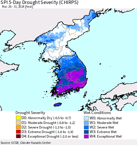 Korea SPI 5-Day Drought Severity (CHIRPS) Thematic Map For 3/26/2024 - 3/31/2024