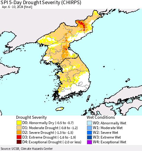 Korea SPI 5-Day Drought Severity (CHIRPS) Thematic Map For 4/6/2024 - 4/10/2024