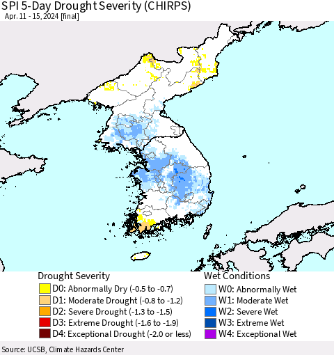 Korea SPI 5-Day Drought Severity (CHIRPS) Thematic Map For 4/11/2024 - 4/15/2024