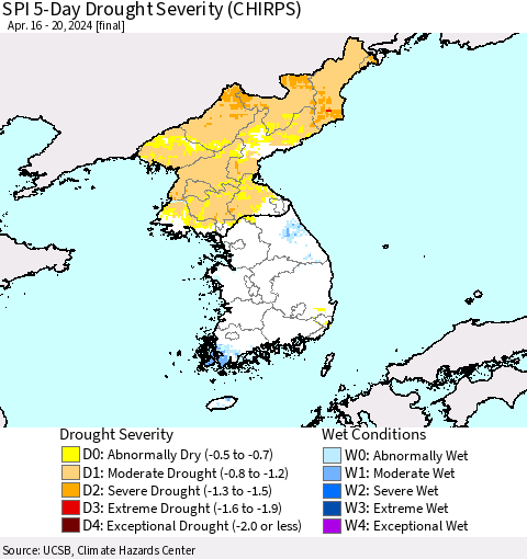 Korea SPI 5-Day Drought Severity (CHIRPS) Thematic Map For 4/16/2024 - 4/20/2024