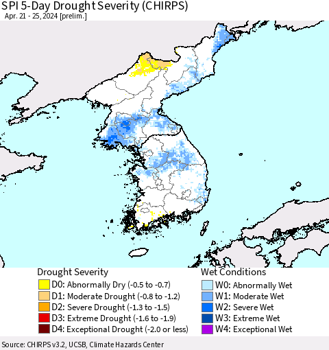 Korea SPI 5-Day Drought Severity (CHIRPS) Thematic Map For 4/21/2024 - 4/25/2024