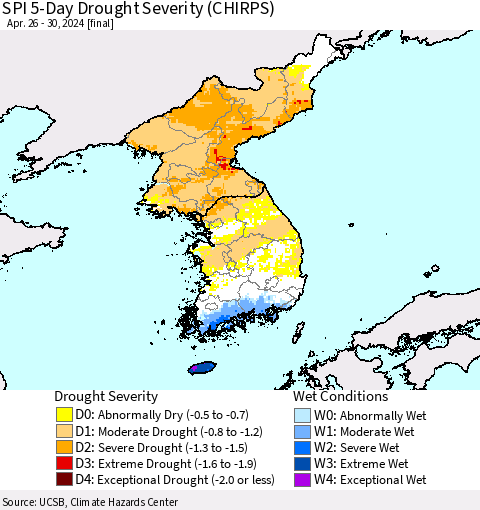 Korea SPI 5-Day Drought Severity (CHIRPS) Thematic Map For 4/26/2024 - 4/30/2024