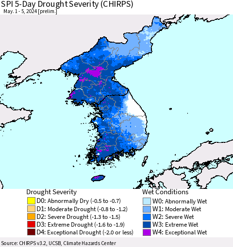 Korea SPI 5-Day Drought Severity (CHIRPS) Thematic Map For 5/1/2024 - 5/5/2024