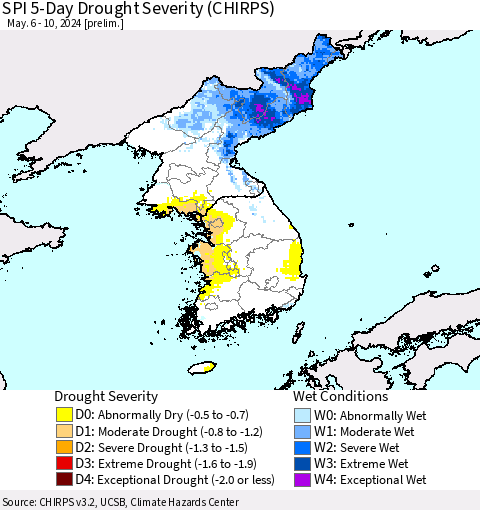 Korea SPI 5-Day Drought Severity (CHIRPS) Thematic Map For 5/6/2024 - 5/10/2024