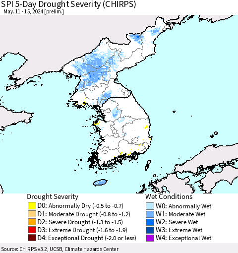 Korea SPI 5-Day Drought Severity (CHIRPS) Thematic Map For 5/11/2024 - 5/15/2024