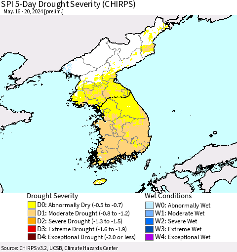 Korea SPI 5-Day Drought Severity (CHIRPS) Thematic Map For 5/16/2024 - 5/20/2024