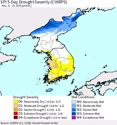Korea SPI 5-Day Drought Severity (CHIRPS) Thematic Map For 5/21/2024 - 5/25/2024