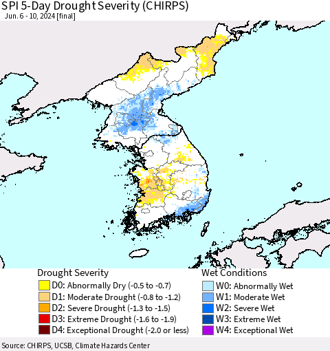 Korea SPI 5-Day Drought Severity (CHIRPS) Thematic Map For 6/6/2024 - 6/10/2024