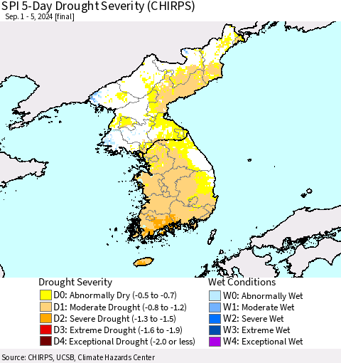 Korea SPI 5-Day Drought Severity (CHIRPS) Thematic Map For 9/1/2024 - 9/5/2024