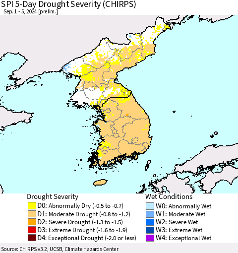Korea SPI 5-Day Drought Severity (CHIRPS) Thematic Map For 9/1/2024 - 9/5/2024