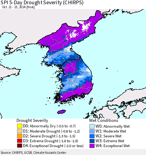 Korea SPI 5-Day Drought Severity (CHIRPS) Thematic Map For 10/21/2024 - 10/25/2024
