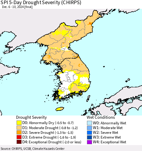 Korea SPI 5-Day Drought Severity (CHIRPS) Thematic Map For 12/6/2024 - 12/10/2024