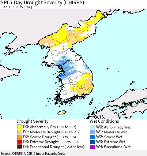 Korea SPI 5-Day Drought Severity (CHIRPS) Thematic Map For 1/1/2025 - 1/5/2025
