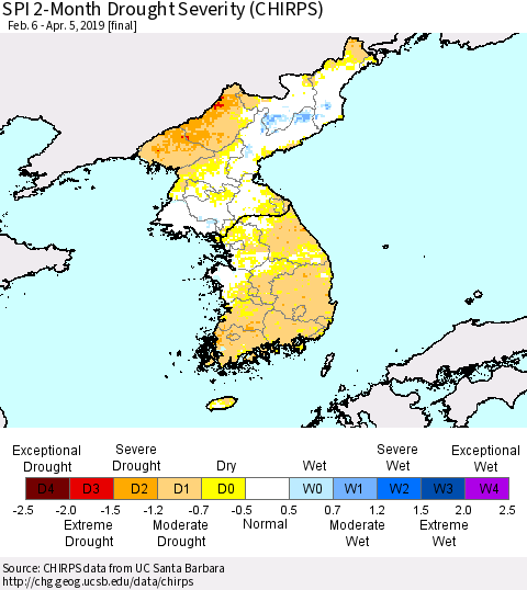 Korea SPI 2-Month Drought Severity (CHIRPS) Thematic Map For 2/6/2019 - 4/5/2019