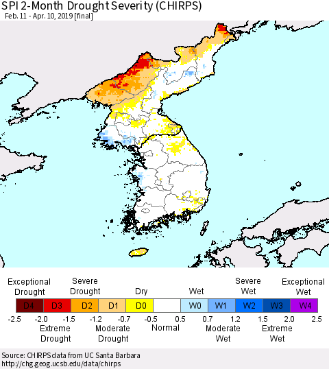 Korea SPI 2-Month Drought Severity (CHIRPS) Thematic Map For 2/11/2019 - 4/10/2019