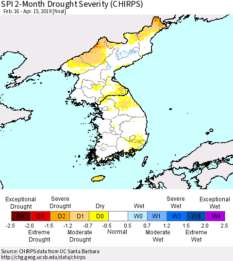 Korea SPI 2-Month Drought Severity (CHIRPS) Thematic Map For 2/16/2019 - 4/15/2019