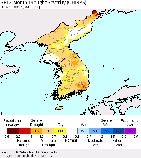 Korea SPI 2-Month Drought Severity (CHIRPS) Thematic Map For 2/21/2019 - 4/20/2019