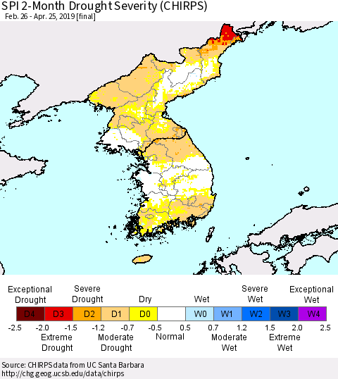 Korea SPI 2-Month Drought Severity (CHIRPS) Thematic Map For 2/26/2019 - 4/25/2019