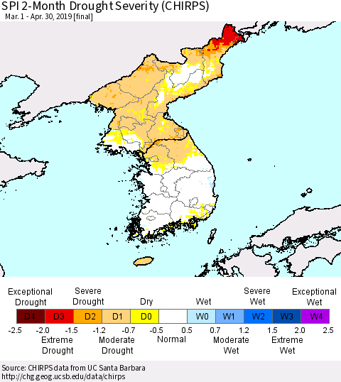Korea SPI 2-Month Drought Severity (CHIRPS) Thematic Map For 3/1/2019 - 4/30/2019