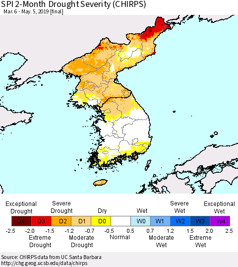 Korea SPI 2-Month Drought Severity (CHIRPS) Thematic Map For 3/6/2019 - 5/5/2019