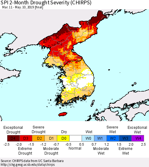 Korea SPI 2-Month Drought Severity (CHIRPS) Thematic Map For 3/11/2019 - 5/10/2019