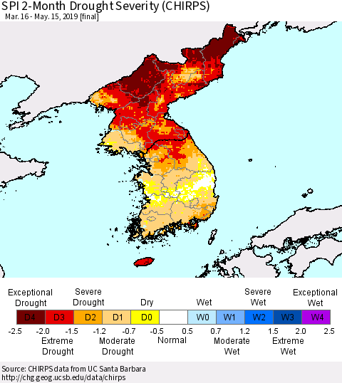 Korea SPI 2-Month Drought Severity (CHIRPS) Thematic Map For 3/16/2019 - 5/15/2019