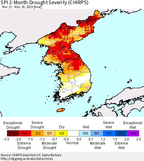 Korea SPI 2-Month Drought Severity (CHIRPS) Thematic Map For 3/21/2019 - 5/20/2019