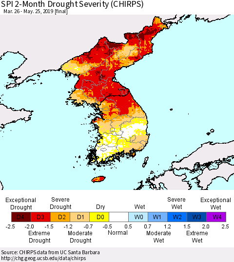 Korea SPI 2-Month Drought Severity (CHIRPS) Thematic Map For 3/26/2019 - 5/25/2019