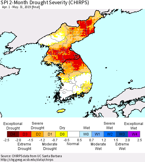 Korea SPI 2-Month Drought Severity (CHIRPS) Thematic Map For 4/1/2019 - 5/31/2019