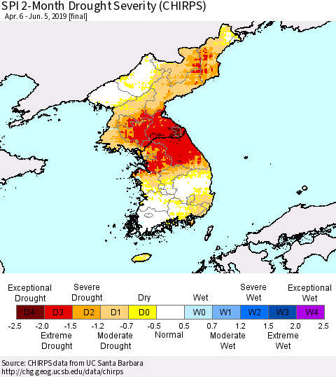 Korea SPI 2-Month Drought Severity (CHIRPS) Thematic Map For 4/6/2019 - 6/5/2019