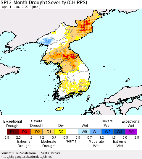 Korea SPI 2-Month Drought Severity (CHIRPS) Thematic Map For 4/11/2019 - 6/10/2019