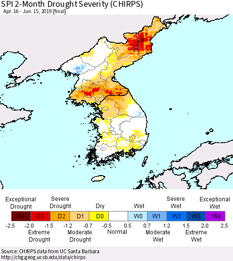 Korea SPI 2-Month Drought Severity (CHIRPS) Thematic Map For 4/16/2019 - 6/15/2019